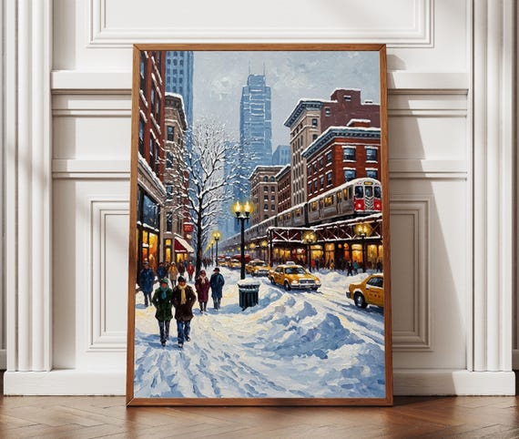 Chicago Winter Landscape Print Snowy City Wall Art Textured Style Travel Poster