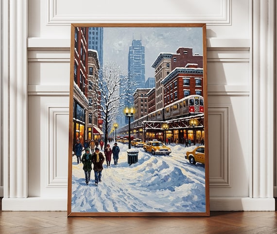 Snowy Chicago Street El Train Taxis Impasto Winter City Poster