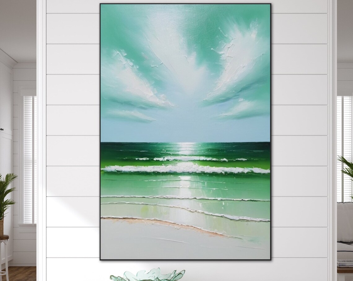 Vertical Mint Green Seascape With Turquoise Waves Beach Shore Poster