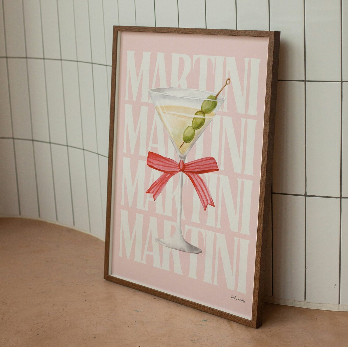 Martini Glass Pink Watercolor Coquette Bow Cocktail Bar Poster - Image 2