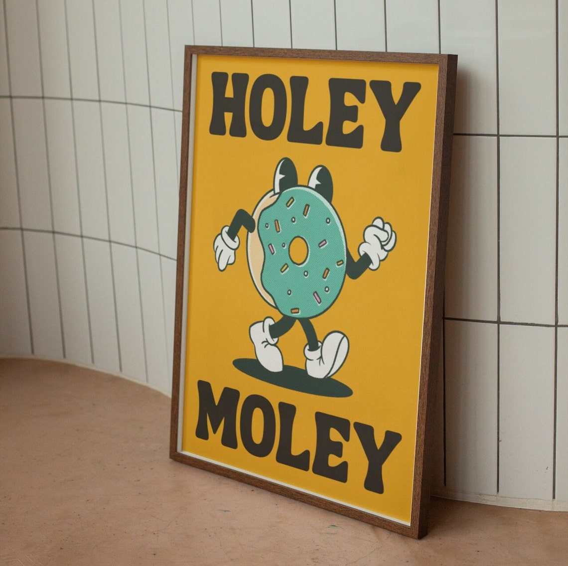 Holey Moley Bold Donut Cartoon Yellow Retro Kitchen Funny Poster - Image 2