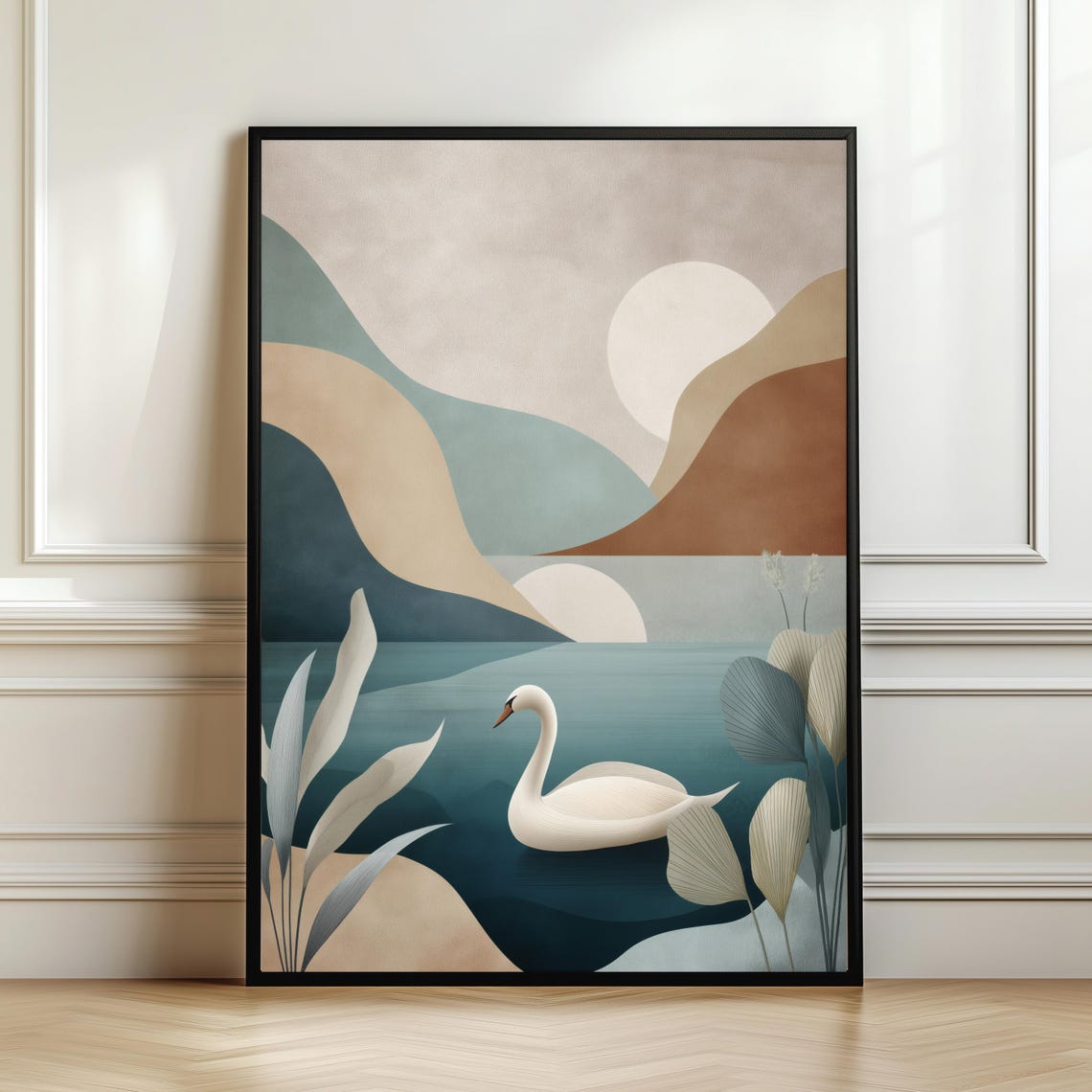 Elegant Abstract White Swan Gliding on a Serene Teal Lake Poster