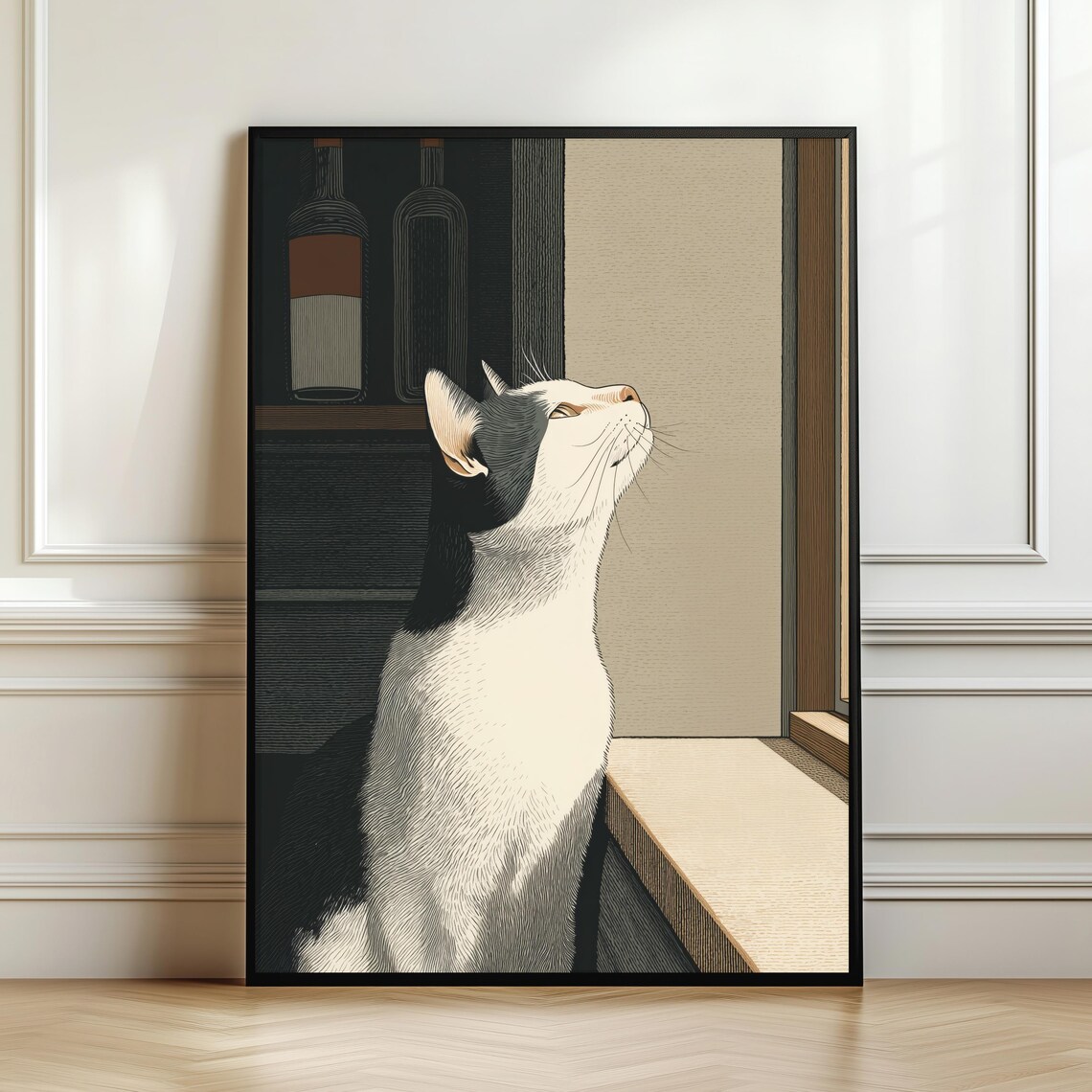 Vintage Black And White Cat Poster, Japanese Style