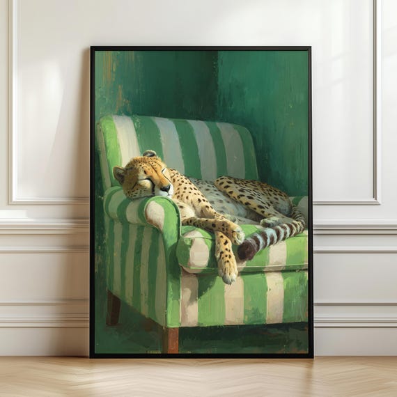 Sleepy Leopard Poster Cheetah Wall Art Green Striped Chair Print Whimsical Animal Emerald Decor Maximalist Digital Download