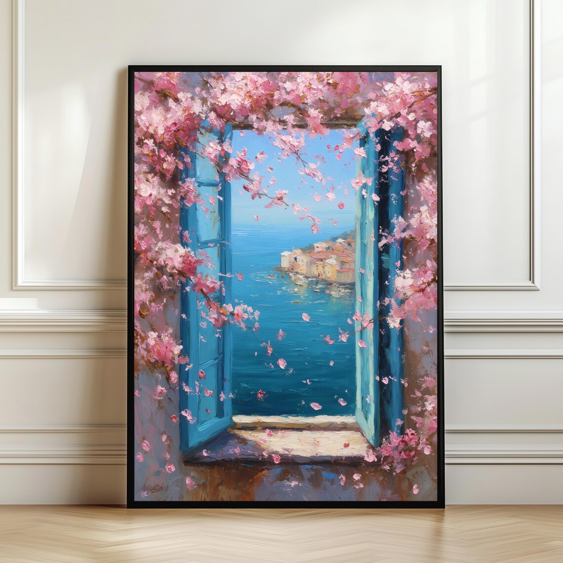 Pink Cherry Blossom Shutters Coastal Town Blue Sea View Poster