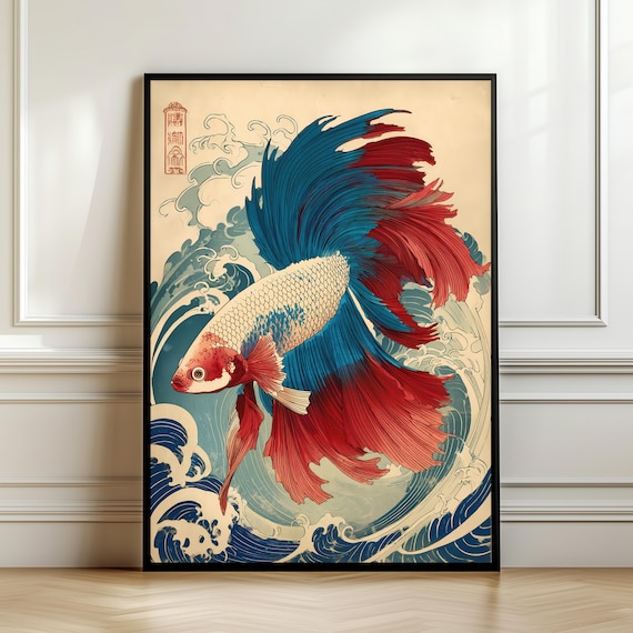 Japanese Betta Fish Ukiyo-e Illustration Red Blue Flowing Fins Wave Wall Art