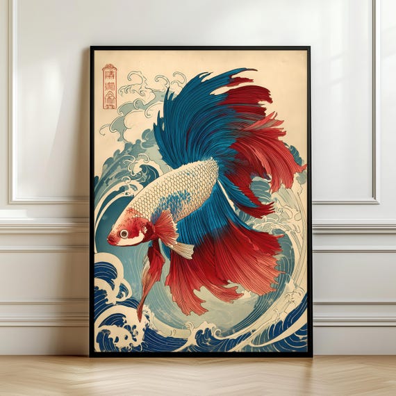 Japanese Betta Fish Wall Art Elegant Asian Illustration With Flowing Wavesred And Blue Digital Poster Unique Gift Download