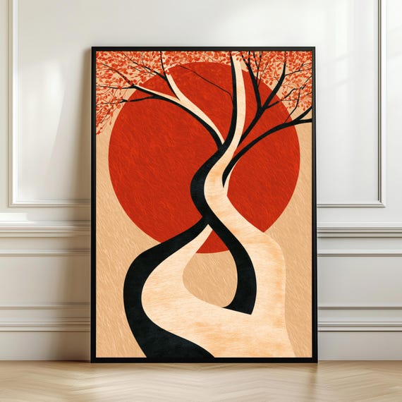 Abstract Sun Botanical Print Mid Century Modern Tree Wall Art Scandinavian Organic Decor Contemporary Minimal Artwork Digital Download