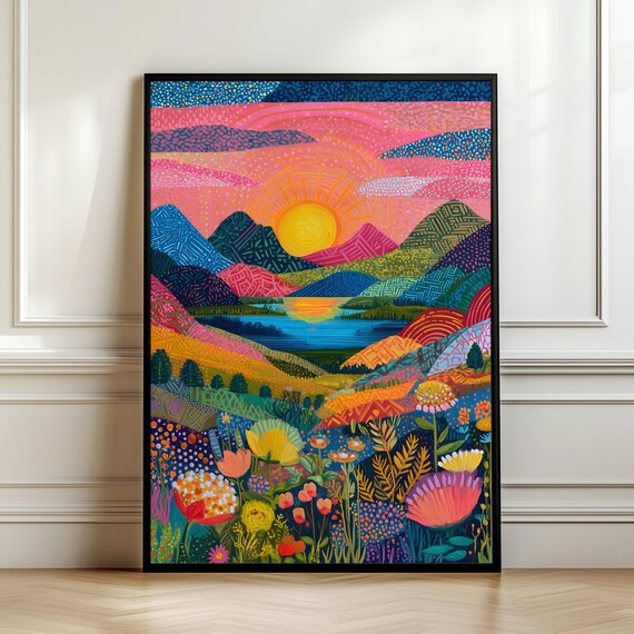 Colorful Floral Sunset Mountain Lake Maximalist Wildflower Meadow Poster