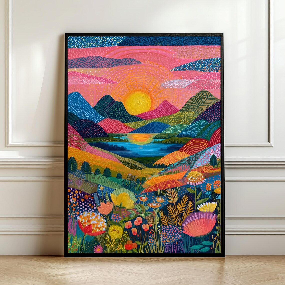 Colorful Floral Sunset Mountain Lake Maximalist Wildflower Meadow Poster