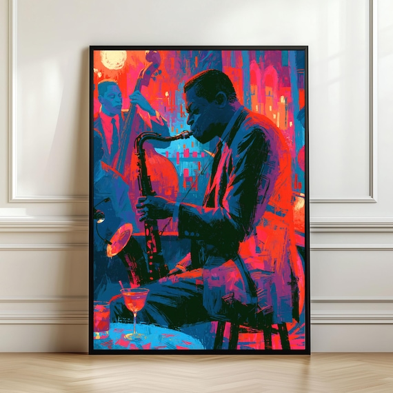 Colorful Modern Jazz Saxophone Player Neon Nightclub Wall Art