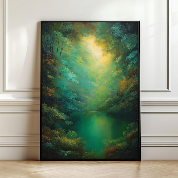 Enchanted Forest Lake Emerald Green Magical Light Art Poster