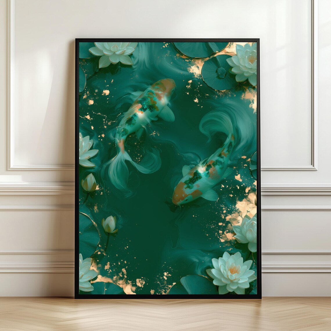 Emerald Koi Pond Lotus Blossoms Aerial View Gold Detail Poster