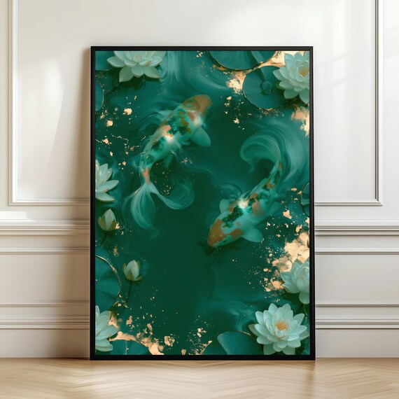 Emerald Koi Pond Lotus Blossoms Aerial View Gold Detail Poster