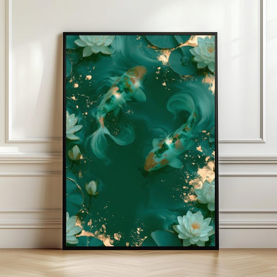 Japanese Emerald Green Koi Fish Wall Art Luxury Lotus Pond Painting Print Decor Digital Download