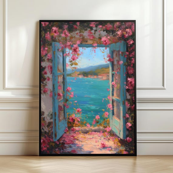 Coastal Window Wall Art Print Mediterranean Sea View Poster Floral Seaside Painting Romantic Ocean Landscape Decor Digital Download