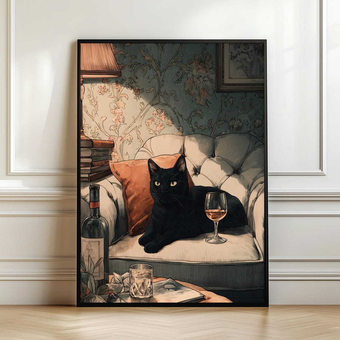 Black Cat Poster With Wine Glass Cozy Interior Illustration Elegant Print Moody Home Decor Lover Gift Digital Download