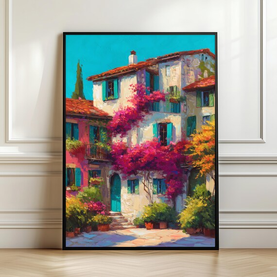 Colorful Mediterranean Villa Bougainvillea Teal Shutters Sunny Courtyard Poster