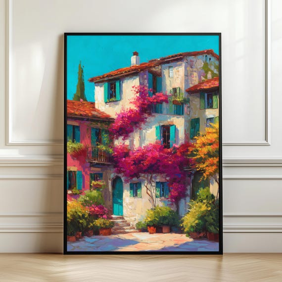 Landscape Mediterranean Village Wall Art Italian Coastal Town Print Bougainvillea Floral Decor Summer Colorful Poster Digital Download