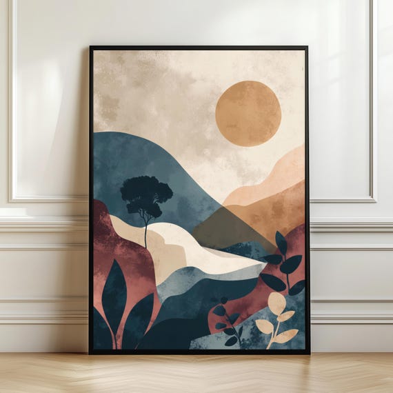 Boho Earthy Landscape Wall Art Abstract Sun Hills Poster Organic Shapes Print Warm Neutral Bohemian Home Decor Gift Digital Download