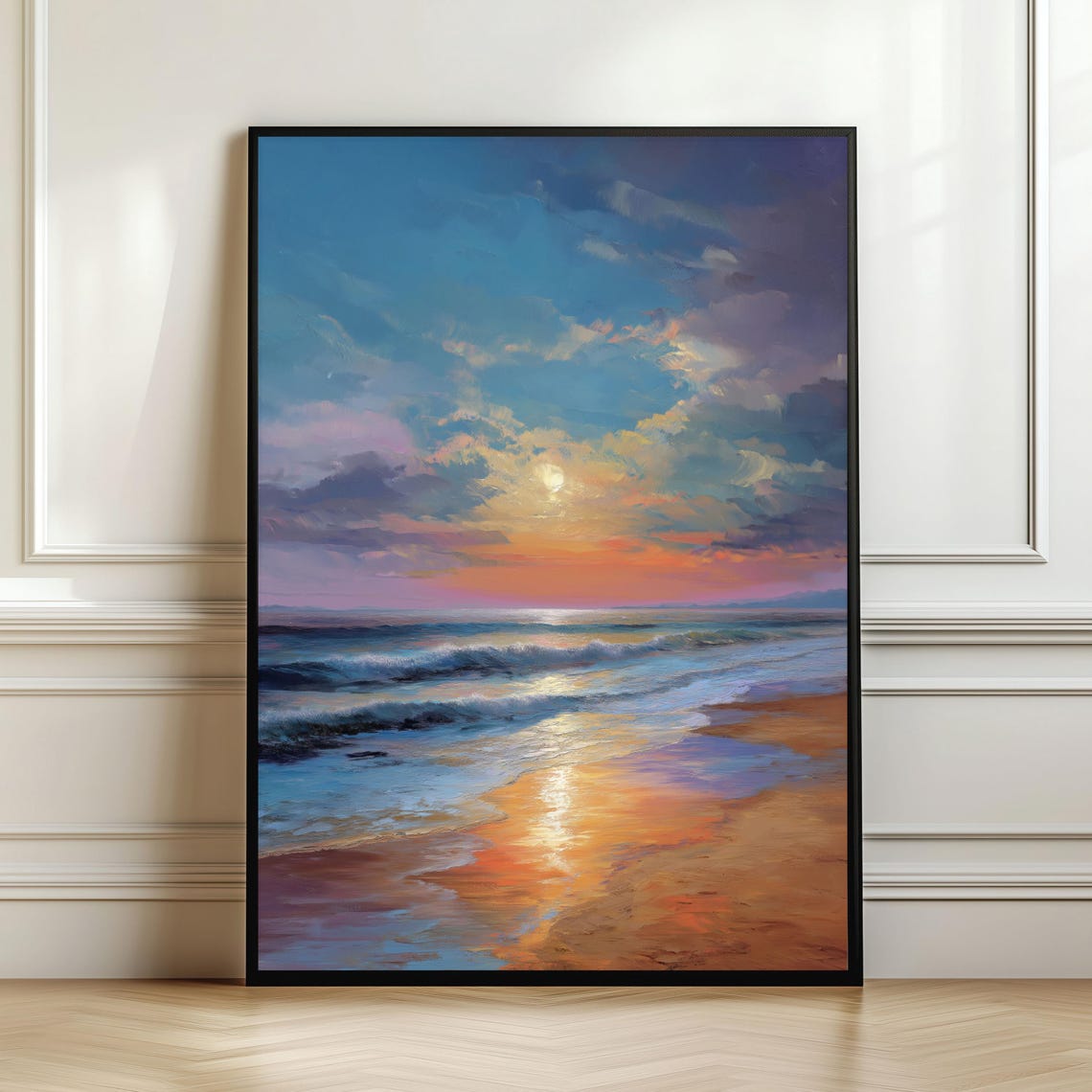 Sunset Beach Seascape with Golden Sun Path and Dramatic Clouds Poster