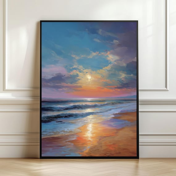 Sunset Beach Seascape with Golden Sun Path and Dramatic Clouds Poster