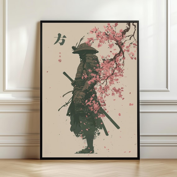 Japanese Samurai Poster Cherry Blossom Print Zen Japandi Wall Art Asian Warrior Illustration Wabi Sabi Decor Digital Download