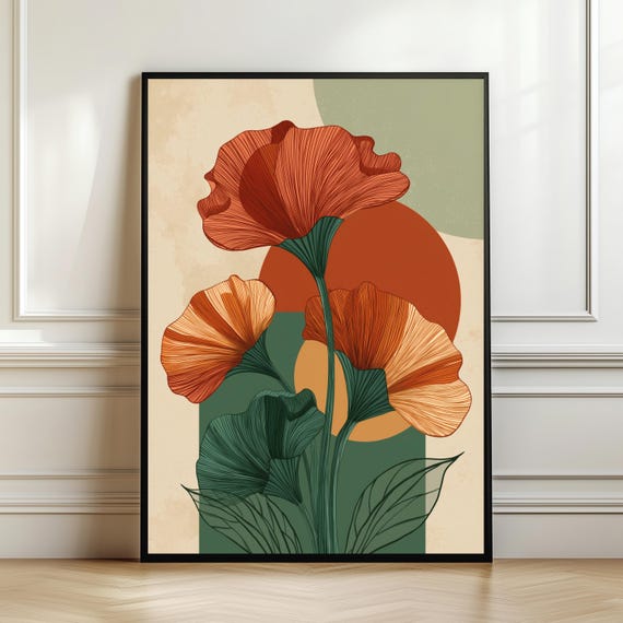 Elegant Botanical Wall Art Modern Mid Century Floral Print Refined Terracotta Flower Poster Minimal Neutral Home Decor Digital Download