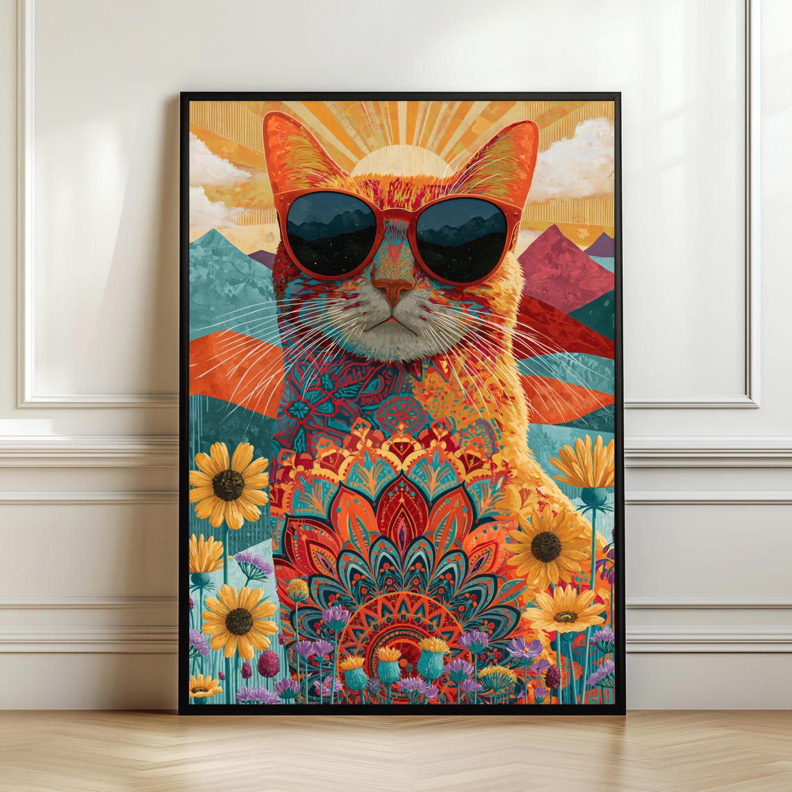 Boho Cat Wall Art, Mandala Poster Print