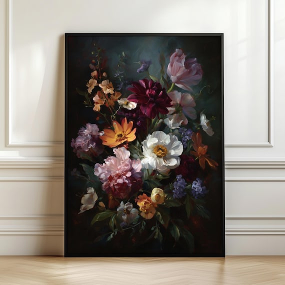 Dark Floral Bouquet Wall Art Vintage Botanical Print Romantic Flower Painting Cottagecore Decor Moody Garden Artwork Digital Download