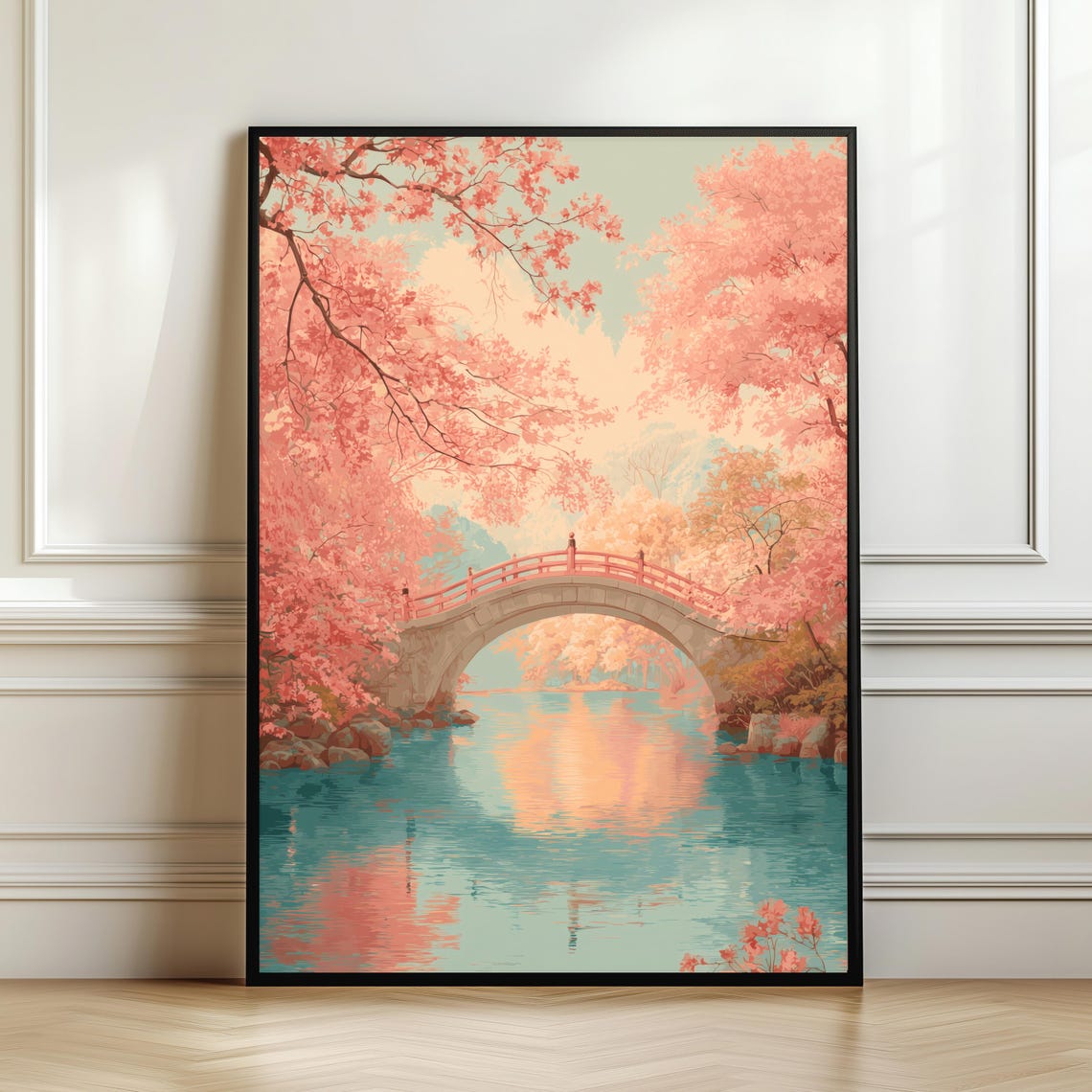 Sakura River Arched Bridge Spring Blossom Peaceful Art Poster