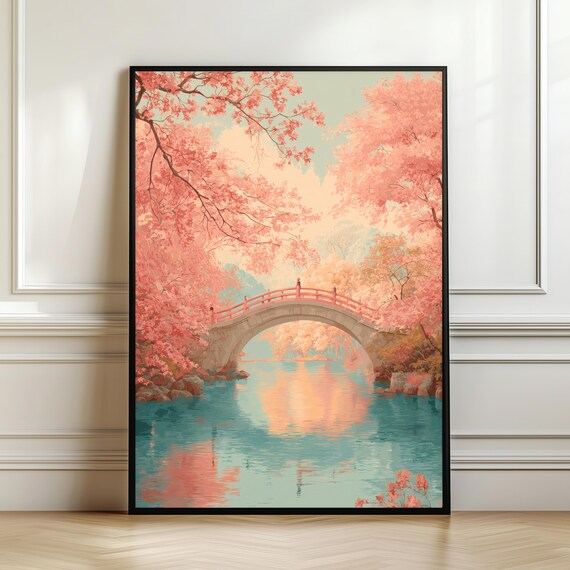 Sakura River Bridge Wall Art Japanese Spring Landscape Print Pink Cherry Blossom Lake Poster Zen Home Decor Gift Digital Download