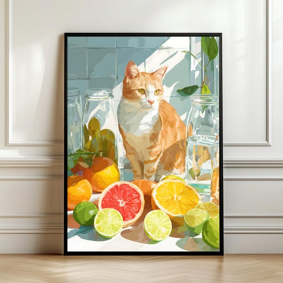 Cat Kitchen Poster Citrus Still Life Wall Art Cozy Ginger Print Lemon Orange Decor Fruit Artwork Gift Digital Download
