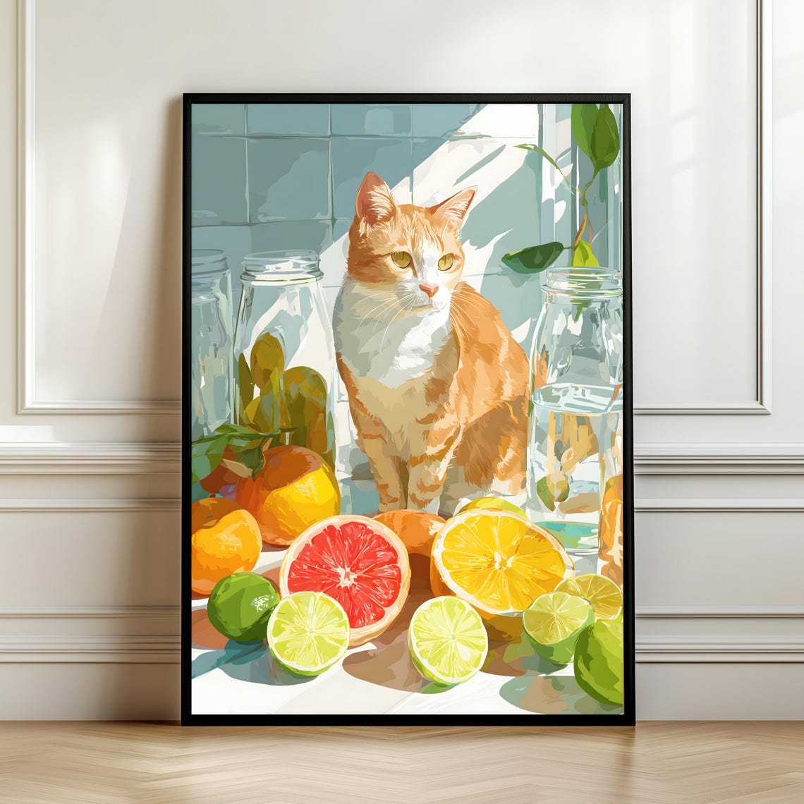 Cheerful Ginger Cat In Sunny Kitchen Citrus Still Life Wall Art