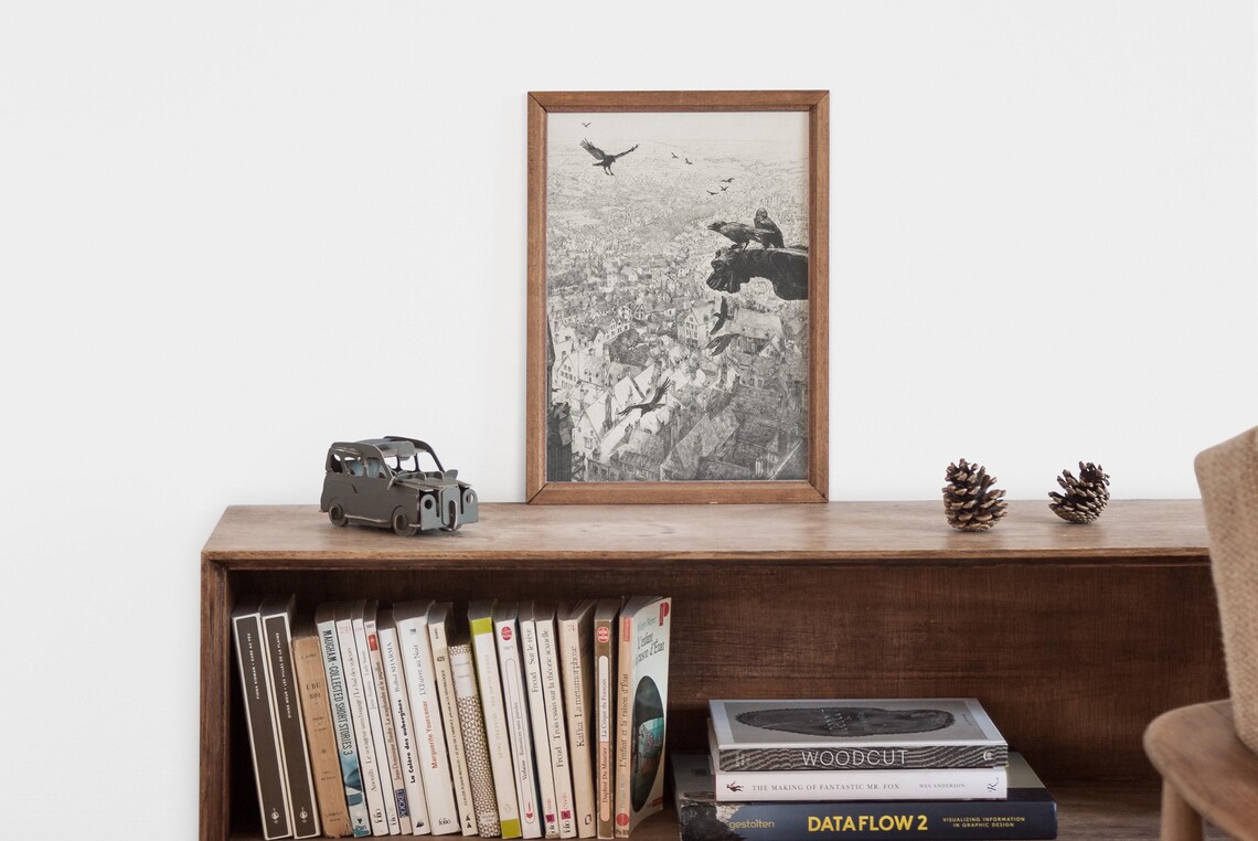 Spooky Gargoyle and Crows Over Old Town Vintage Gothic Wall Art - Image 2