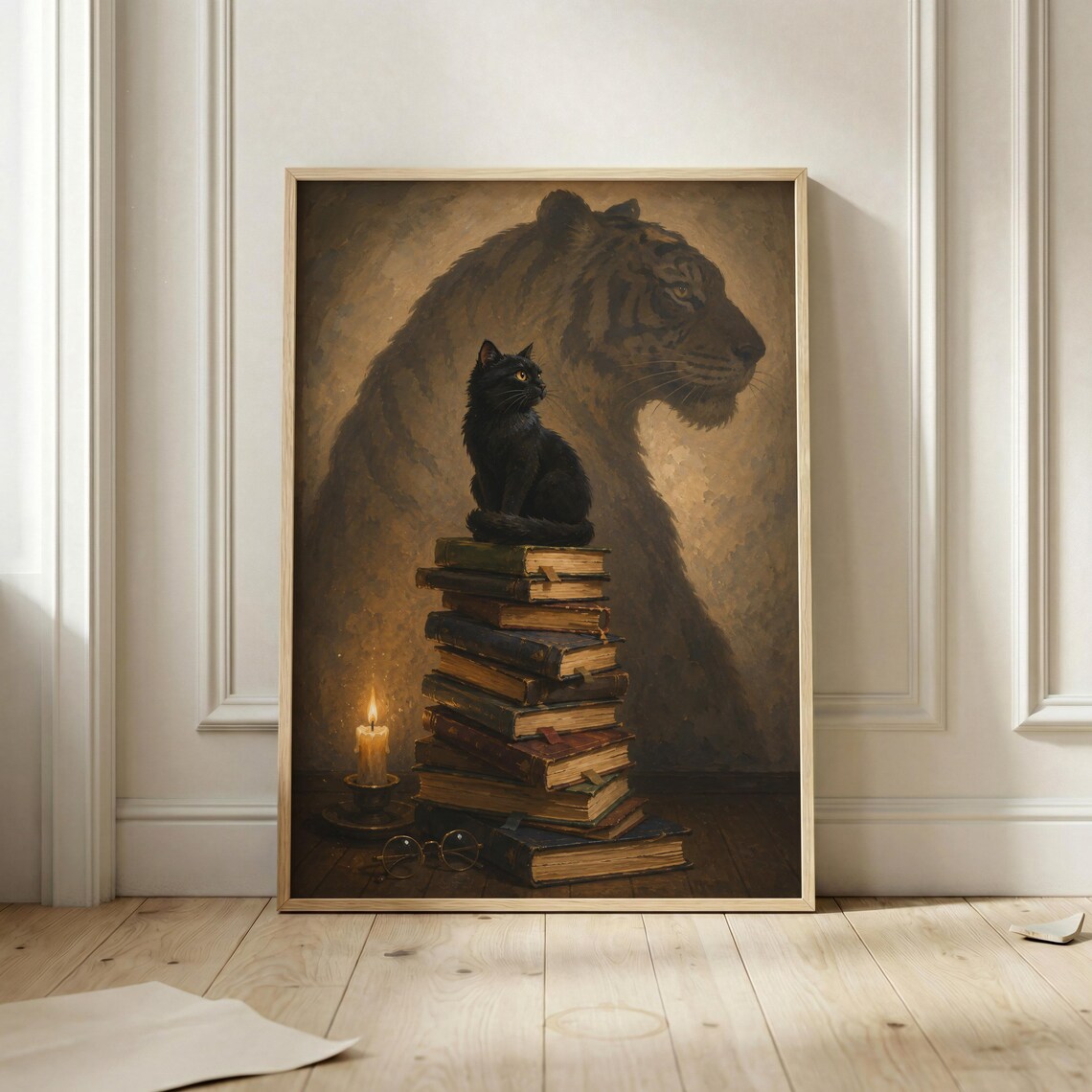 Black Cat Reading, Dark Academia Wall Art
