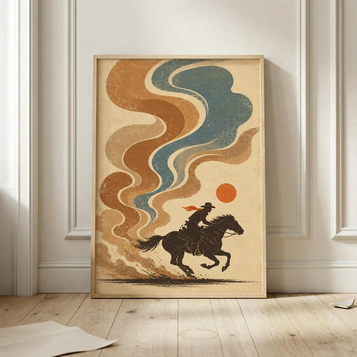 Cowboy Riding Horse In Desert Smoke Western Vintage Rodeo Sky Poster