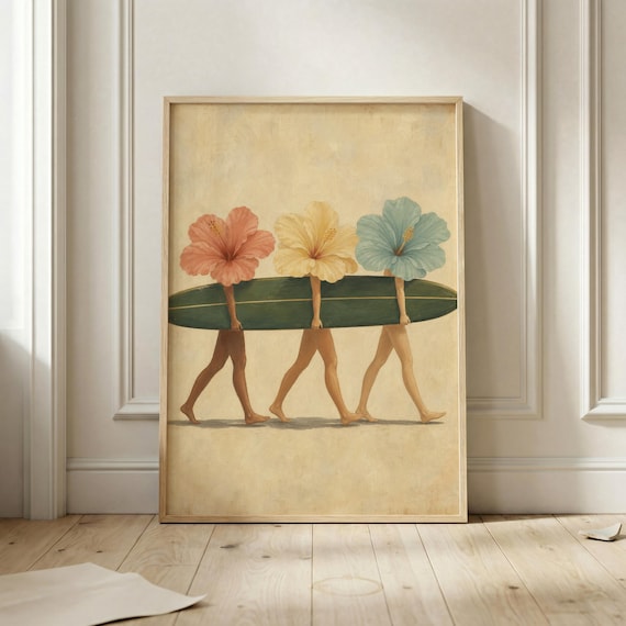 Three Flower Headed Women Carrying Surfboard Surreal Beach Wall Art