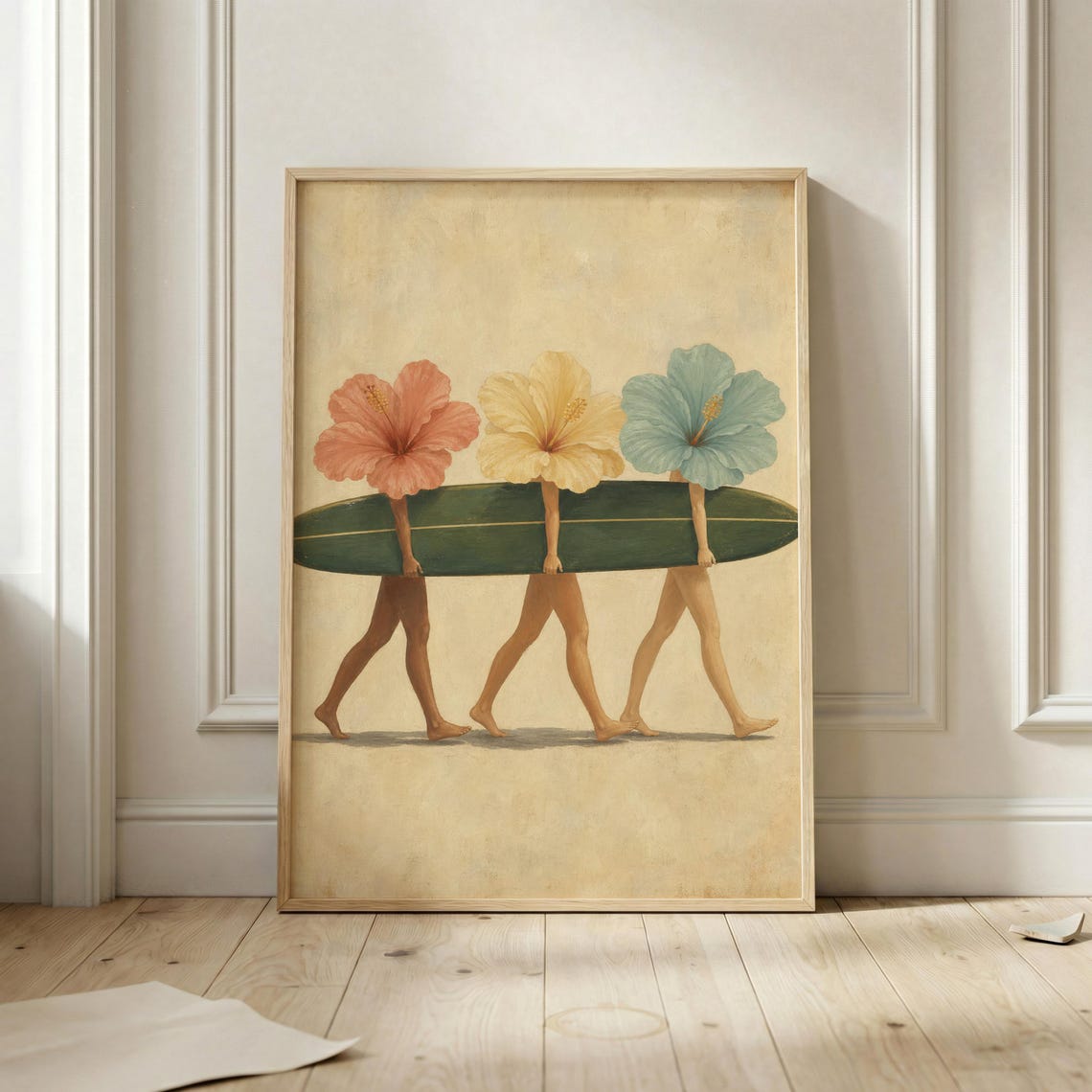 Three Flower Headed Women Carrying Surfboard Surreal Beach Wall Art