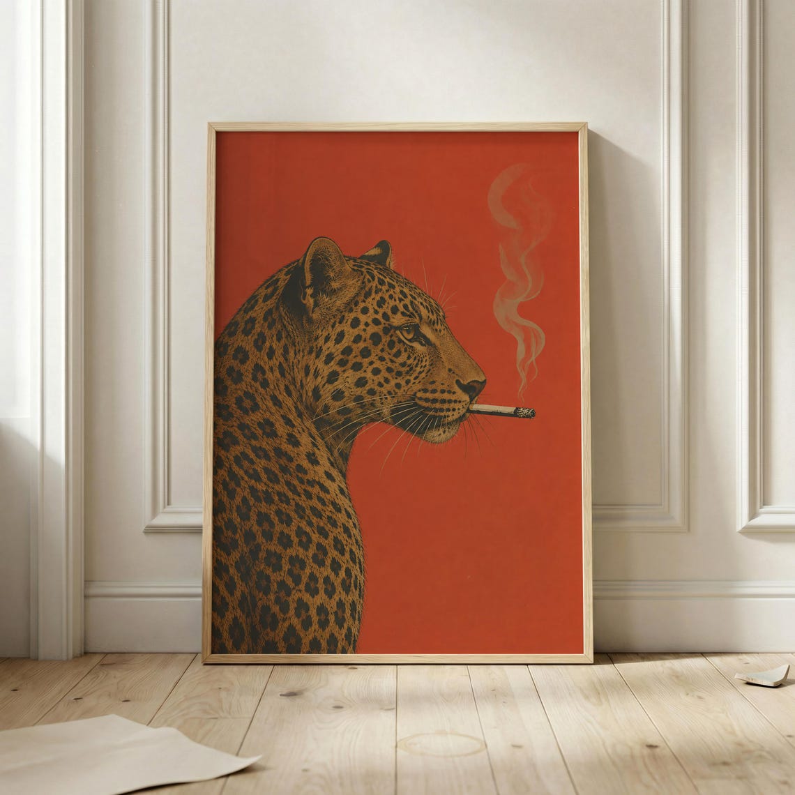 Leopard Smoking Vintage Big Cat Profile Red Jungle Maximalist Poster