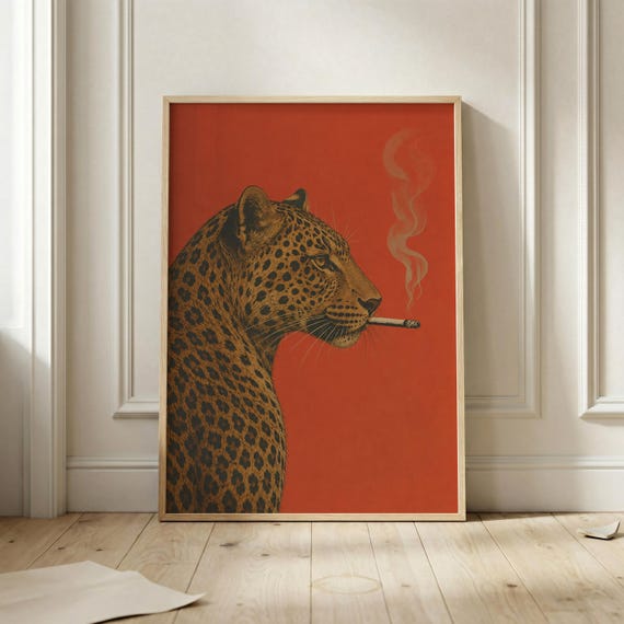 Leopard Smoking Poster Vintage Big Cat Wall Art Print Red Jungle Animal Portrait Maximalist Safari Decor