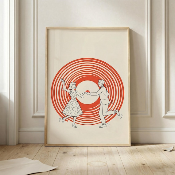 Retro Dancing Couple Red Vinyl Record Mid Century Modern Dance Poster