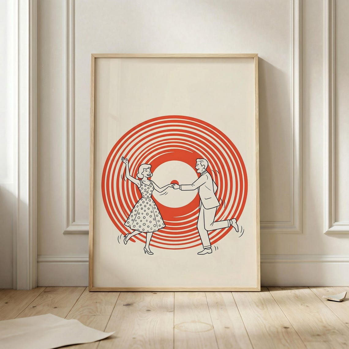 Retro Dancing Couple Red Vinyl Record Mid Century Modern Dance Poster