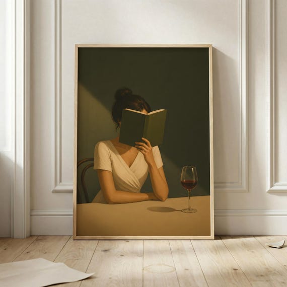 Woman Reading With Wine Poster Book Lover Print Moody Literary Artwork Reader Gift Cozy Decor Elegant Feminine Wall Art