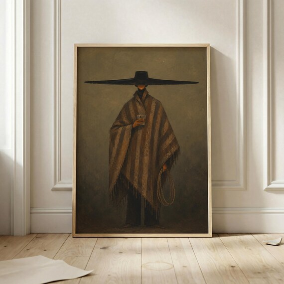 Cowgirl With Whiskey Lasso Dark Western Sombrero Poncho Moody Bar Poster