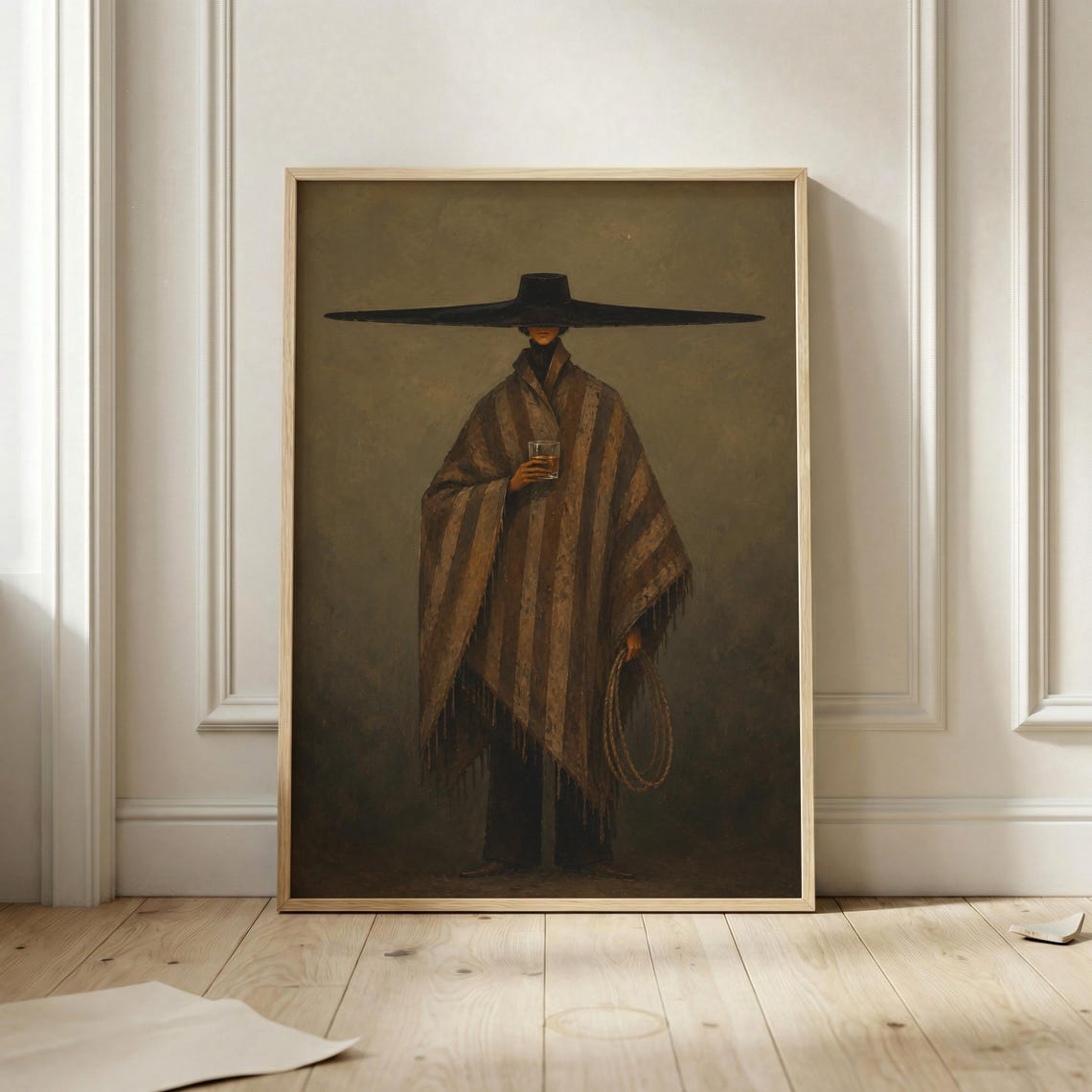 Cowgirl Drinking Whiskey Poster Dark Western Wall Art Print Wide Brim Hat Moody Ranch Decor