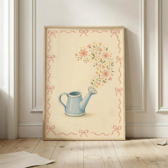 Vintage Watering Can Wall Art Print Cottage Garden Poster Pink Floral Artwork Coquette Room Decor Botanical Printable