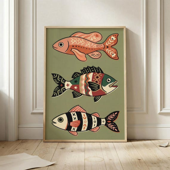 Funny Art Fish Poster Print Colorful Wall Coastal Cottage Decor Scandinavian Folk Artwork Nautical Nature