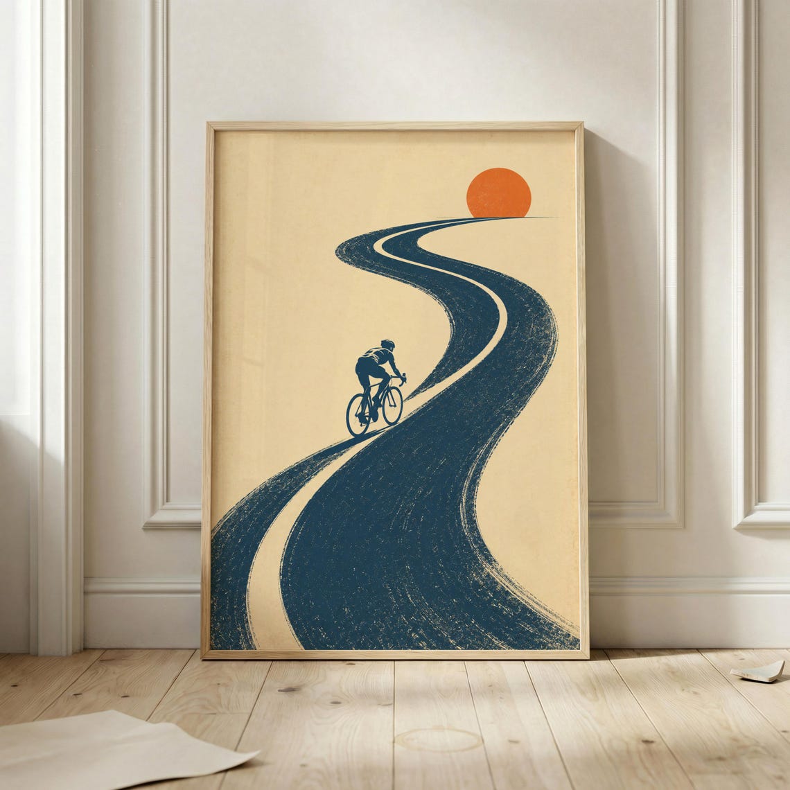 Cyclist on a Winding Road Toward the Sun Vintage Sport Poster