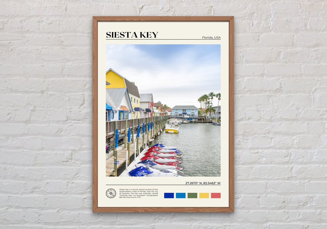 Siesta Key Florida USA Marina Harbor Jet Ski Docks Travel Poster